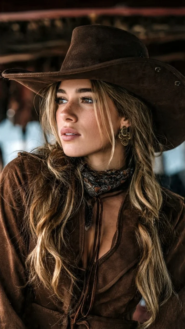 “Woman wearing a suede cowboy hat styled with denim and boots”