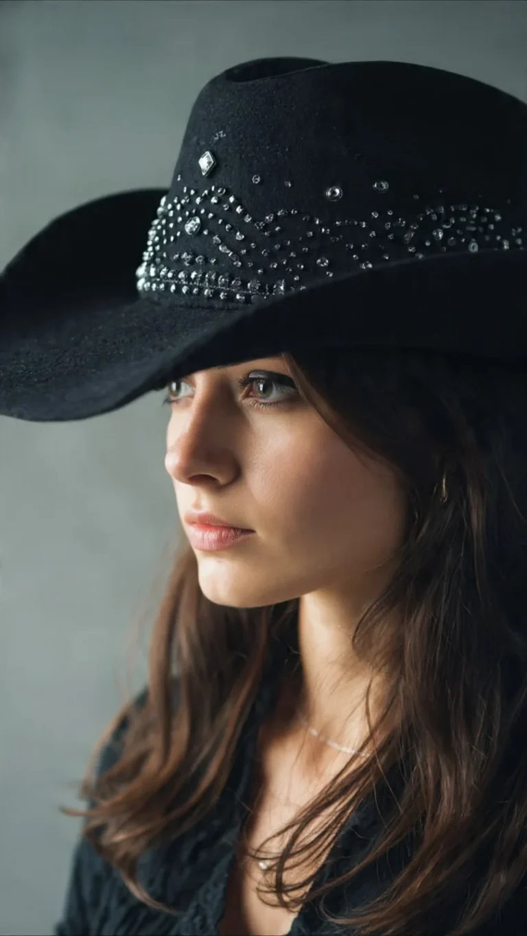 Close-up of a stylish diamante cowboy hat with glittering stones on the brim