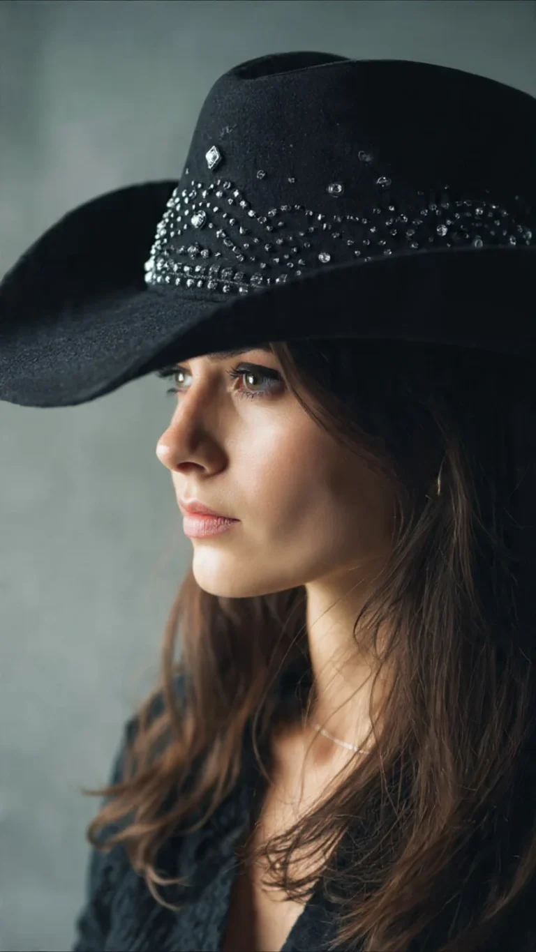 Women wearing a black diamante cowboy hat with sparkling crystal details and wide brim