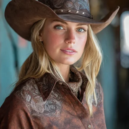 “Montana Crease cowboy hat on a stylish woman, combining classic Western craftsmanship with modern flair.”
