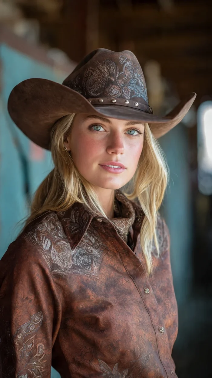 “Montana Crease cowboy hat on a stylish woman, combining classic Western craftsmanship with modern flair.”