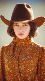 Stylish women’s U-brim cowboy hat angled to show curved brim and textured finish