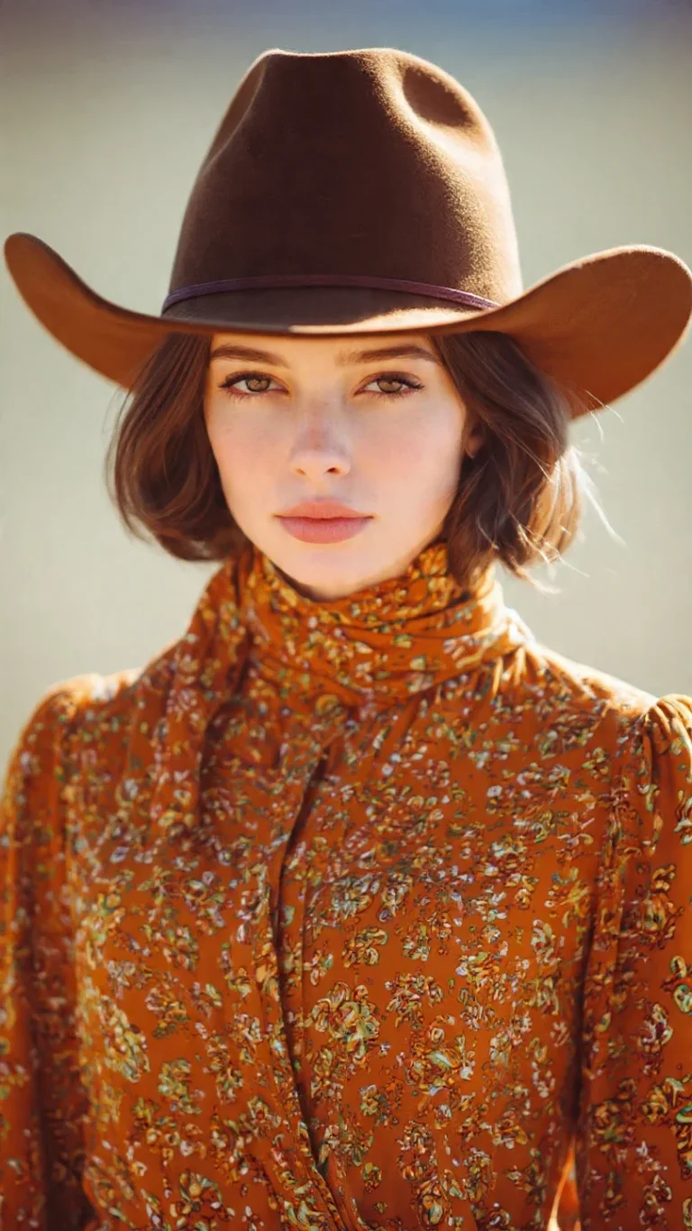 Stylish women’s U-brim cowboy hat angled to show curved brim and textured finish