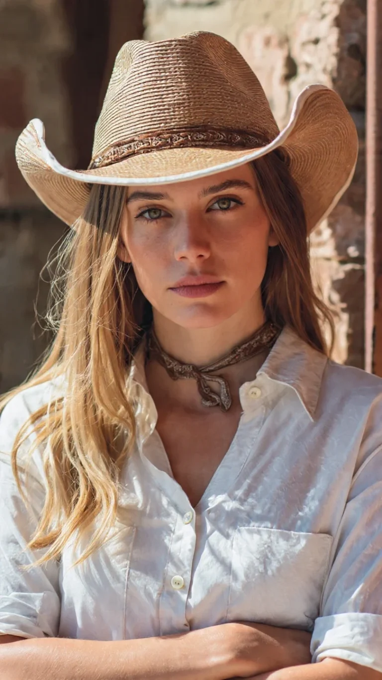Tejana style cowgirl hat with high crown and curved brim photographed outdoors.