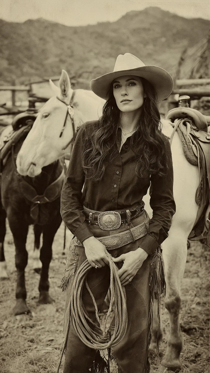 Women wearing a stylish brown cowboy hat with a wide brim and classic Western design