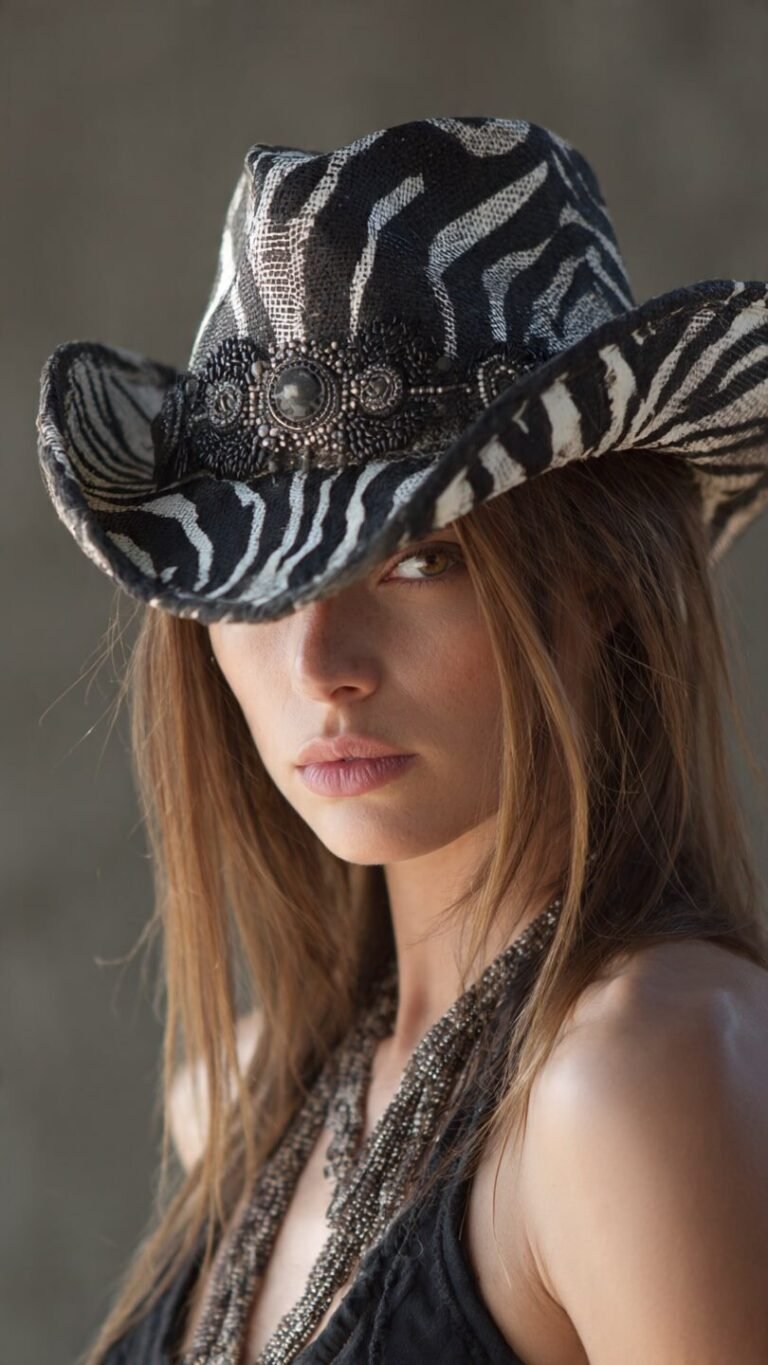 “Woman wearing a zebra cowboy hat styled with denim jacket and black boots”