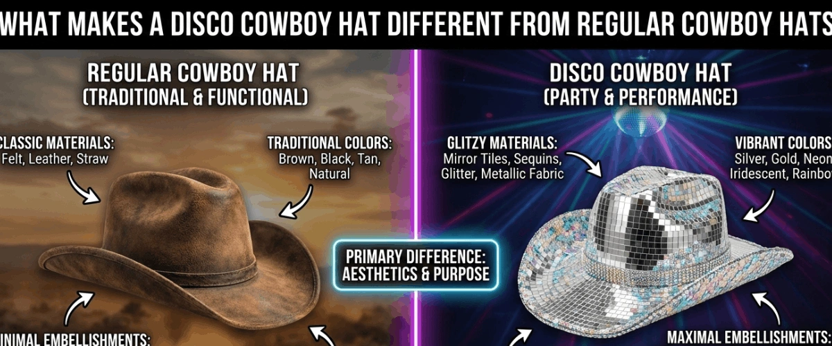 Silver disco cowboy hat with reflective sequins under party lights