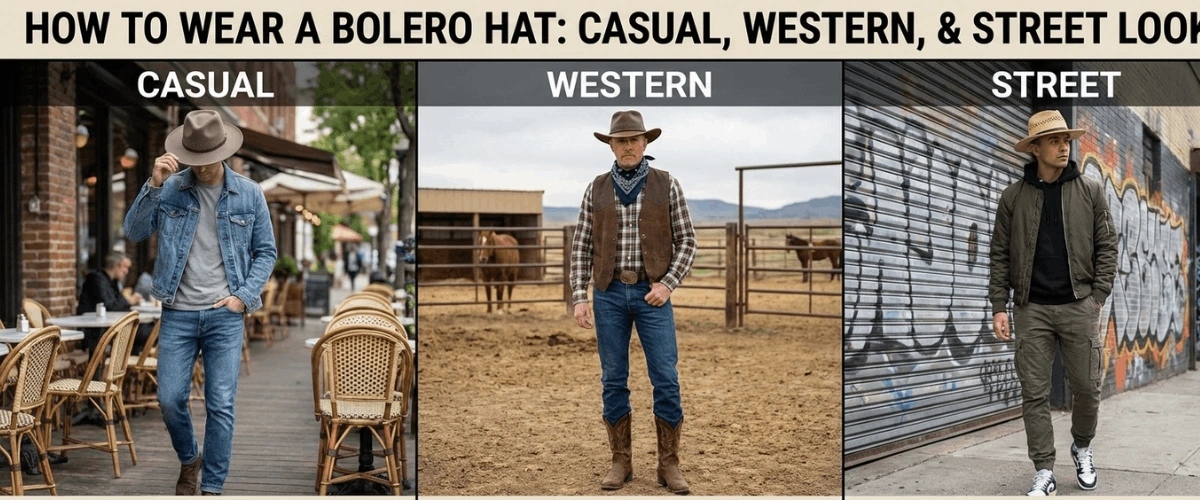 Bolero hat styled with casual outfit including denim jacket and jeans