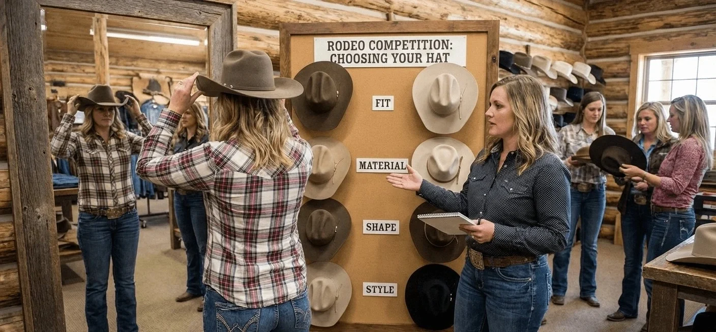Woman wearing a cowboy hat while competing in a rodeo with focus and confidence