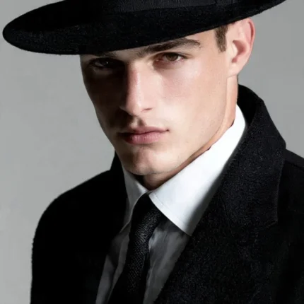 Black gangster hat with classic wide brim and sharp crown