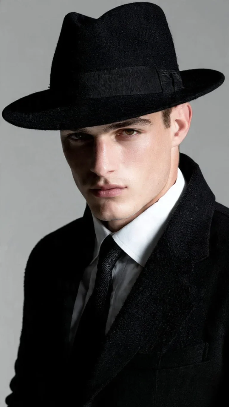 Black gangster hat with classic wide brim and sharp crown