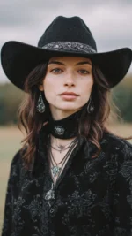 Texan cowboy hat with wide brim and tall crown worn in classic western style