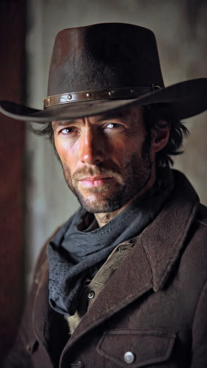 Close view of Clint Eastwood Western Hat with black felt and traditional western crown shape