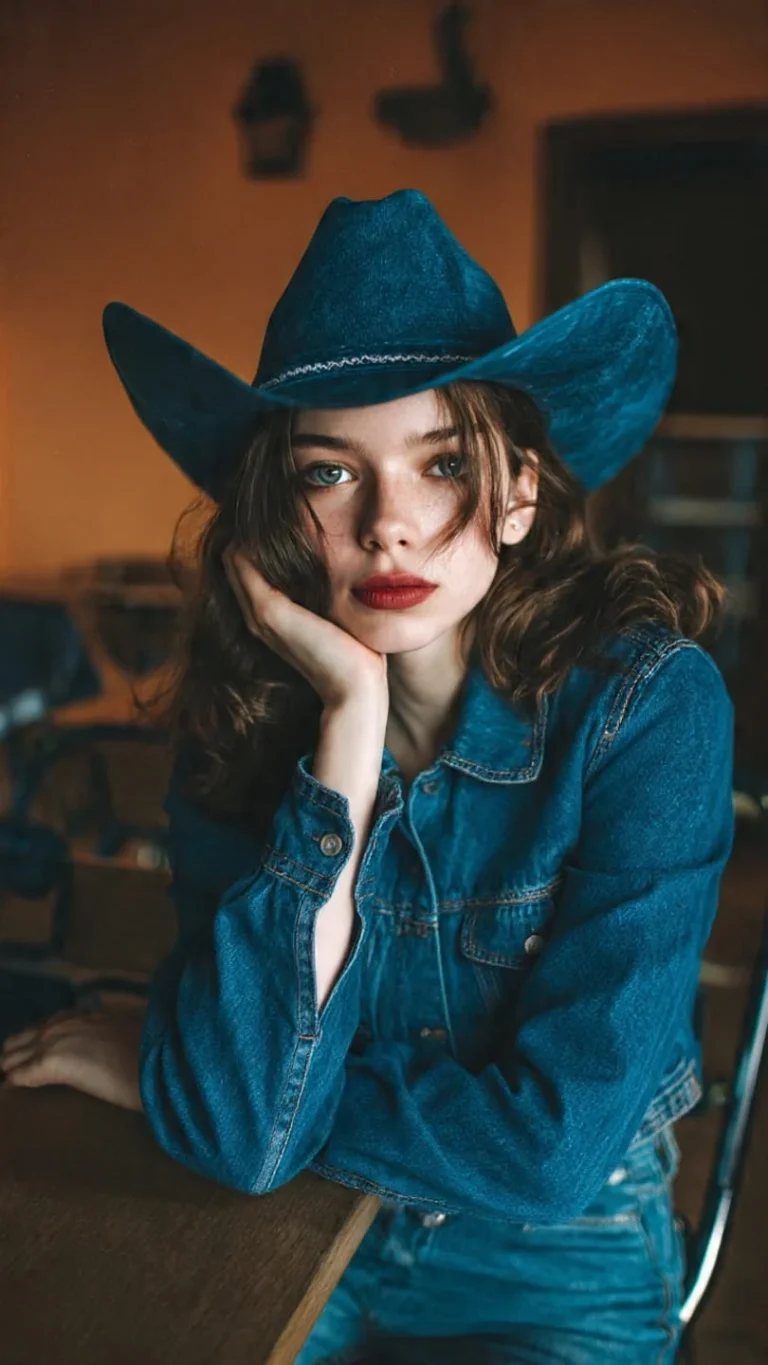 Denim Cowboy Hat with wide brim and structured crown for casual western style