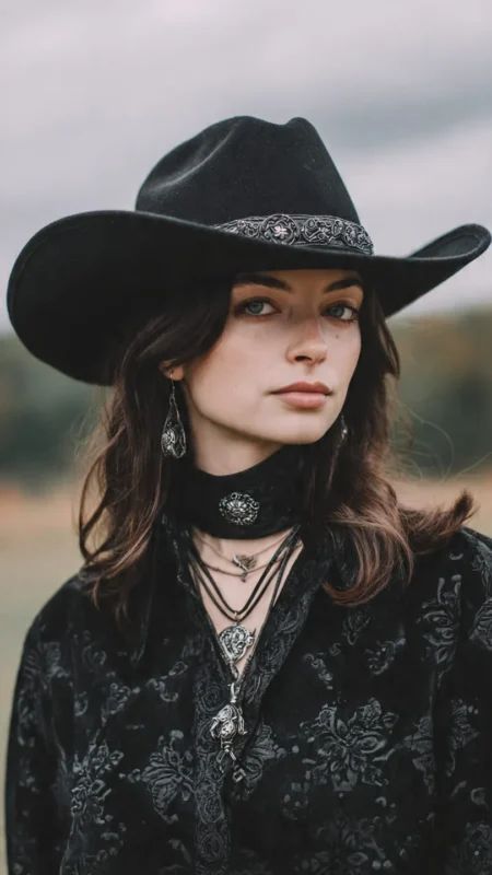 Brown Texan cowboy hat made from felt with curved brim and western band