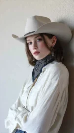 Ladies wearing a flat brim cowboy hat at a country festival