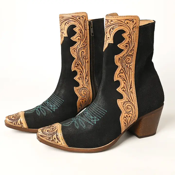 Desert Flame Cowgirl Boots (ADFT164 Women's Black & Tan Tooled Leather Western Ankle Boots - American Darling Cowgirl Booties )