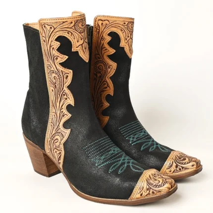 Desert Flame Cowgirl Boots (ADFT164 Women's Black & Tan Tooled Leather Western Ankle Boots - American Darling Cowgirl Booties )