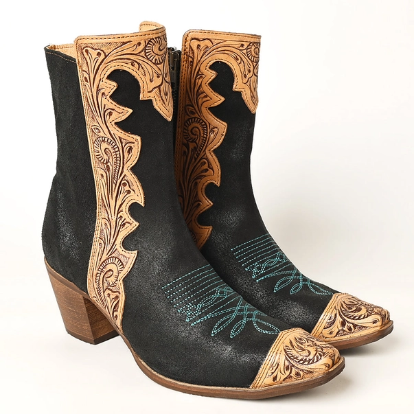 Desert Flame Cowgirl Boots (ADFT164 Women's Black & Tan Tooled Leather Western Ankle Boots - American Darling Cowgirl Booties )