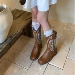 Midnight Star Western boots in black leather with stitched star detailing and stacked heel.