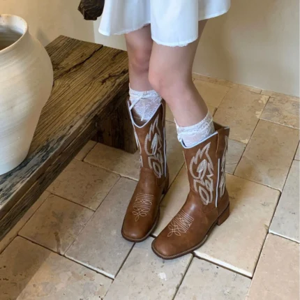 Midnight Star Western boots in black leather with stitched star detailing and stacked heel.