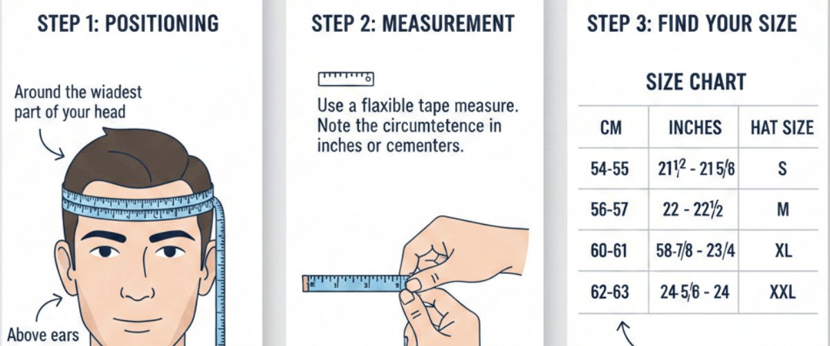 Person using a soft measuring tape around the head above the eyebrows to measure accurate hat size for a perfect fit