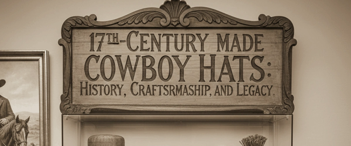 17th-century made cowboy hat on display, showing wide brim and tall crown