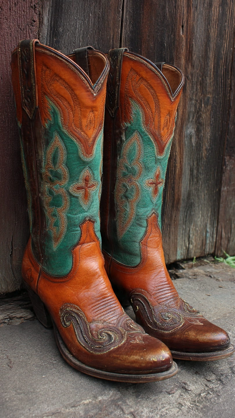 Pair of vintage cowboy boots made from distressed brown leather with detailed stitching and pointed toe design.