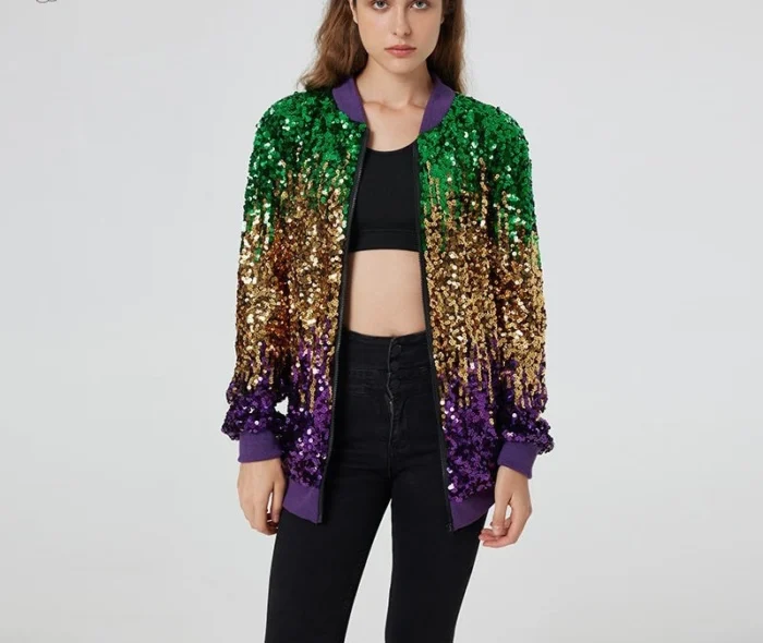 A statement Mardi Gras party outfit for women featuring feathers, masks, and bright colors designed for parades and themed events.