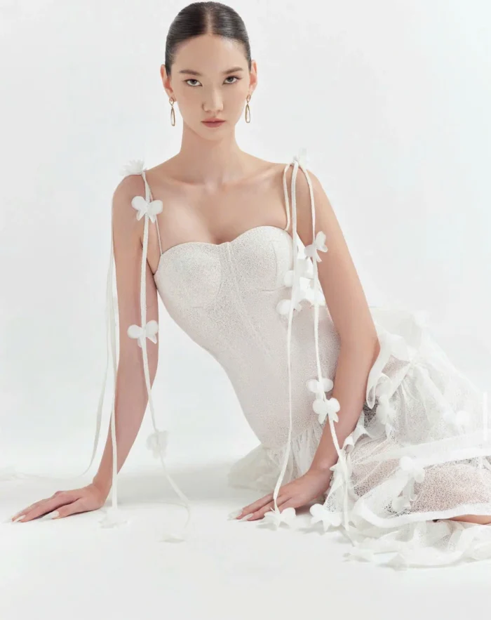 Floral print midi dress for wedding guest with flutter sleeves and flowing skirt