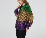 A glamorous sequin Mardi Gras outfit for women featuring purple, green, and gold tones, ideal for parties and night celebrations.