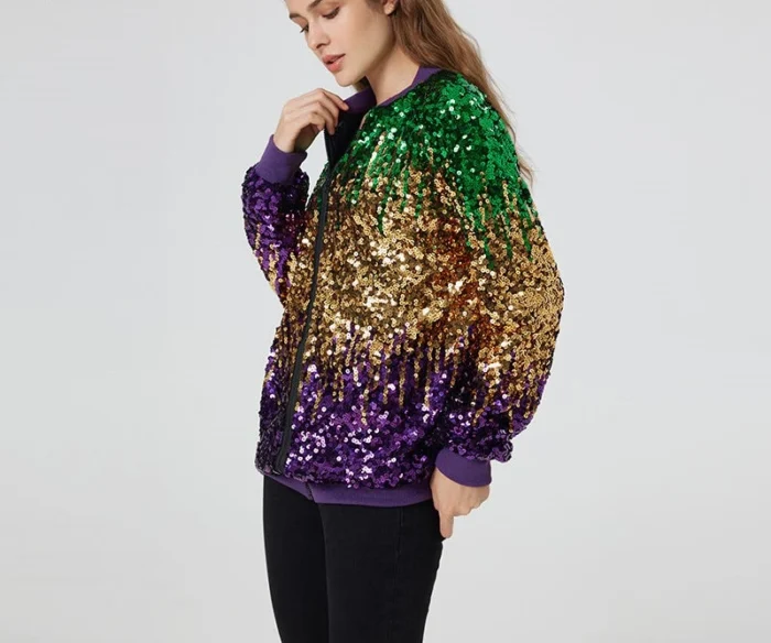 A glamorous sequin Mardi Gras outfit for women featuring purple, green, and gold tones, ideal for parties and night celebrations.