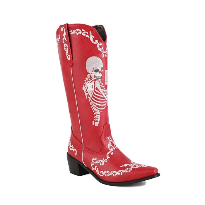 Red and black cowboy boots for men with intricate stitching