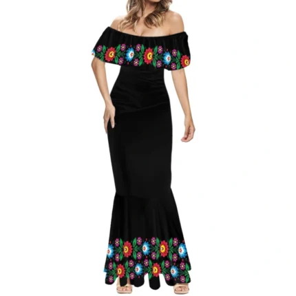 Traditional Mexican dress for women with colorful floral embroidery and flowing skirt