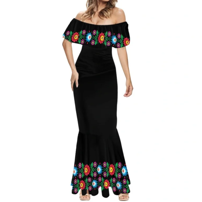 Traditional Mexican dress for women with colorful floral embroidery and flowing skirt