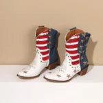 American Flag Cowboy Boots for women with stars and stripes design and mid-calf leather shaft.