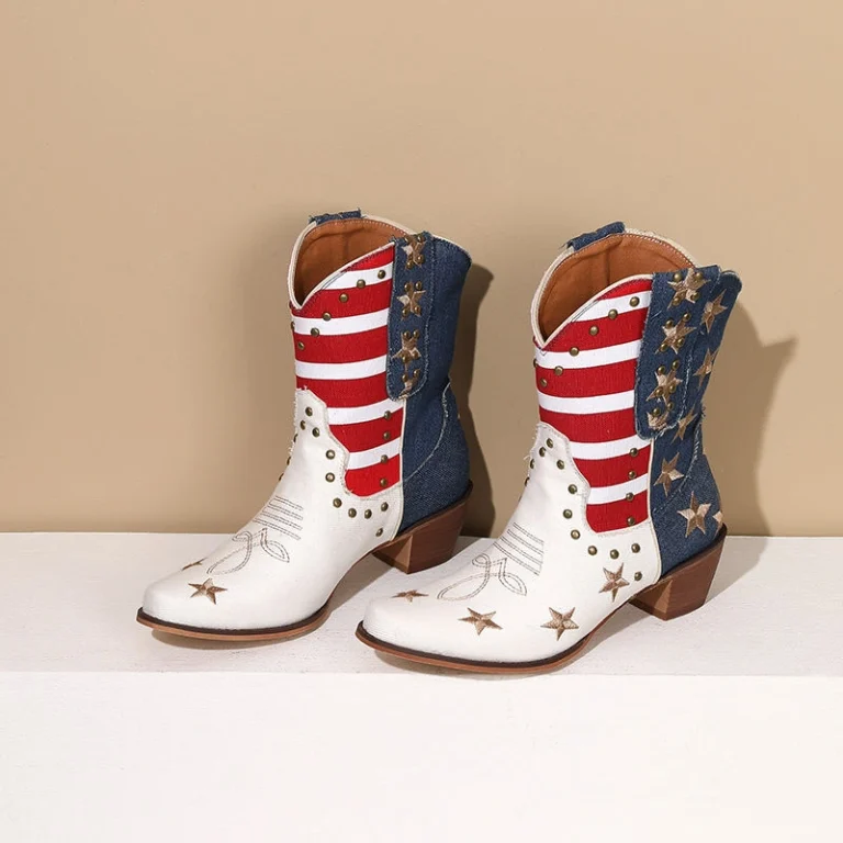 American Flag Cowboy Boots for women with stars and stripes design and mid-calf leather shaft.