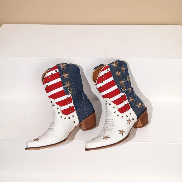 Unisex cowboy boots with American flag design, stars and stripes embroidery, and classic Western toe.
