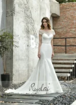 Elegant short sleeve wedding dress with lace bodice and flowing bridal skirt