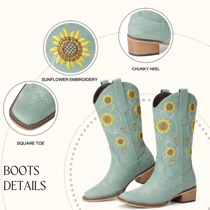 Cowgirl boots with sunflowers paired with denim outfit