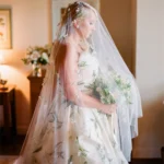White and camo wedding dress with flowing camo tulle skirt