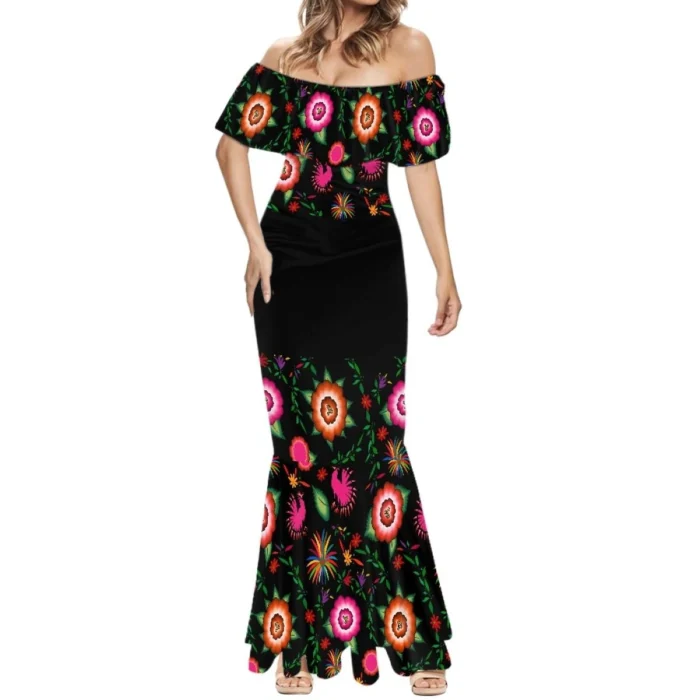 Mexican traditional dress for women with embroidered blouse and wide skirt