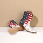 Mens American Flag Cowboy Boots with red, white, and blue leather accents and durable stacked heel.