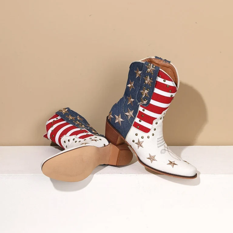 Mens American Flag Cowboy Boots with red, white, and blue leather accents and durable stacked heel.