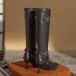 Black womens zip up cowboy boots with western heel