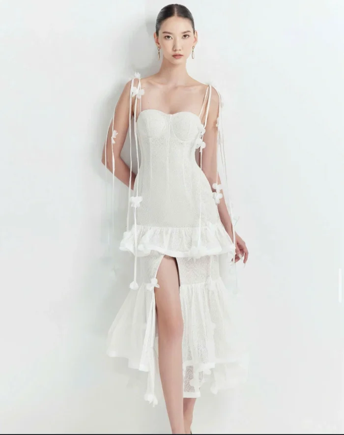 Navy fit-and-flare midi cocktail dress for wedding with elegant neckline