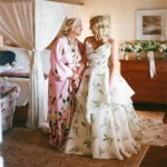 White camo wedding dress with layered camouflage skirt and lace bodice