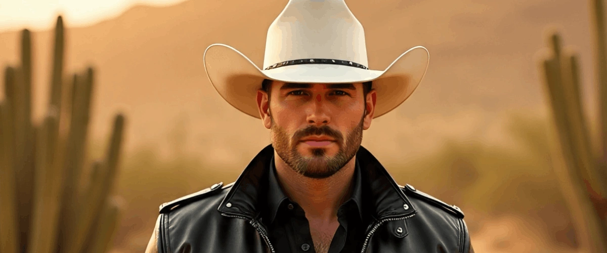 Cowboy Ken wearing white cowboy hat, fringe jacket, and rhinestone Western outfit inspired by Barbie movie fashion trend