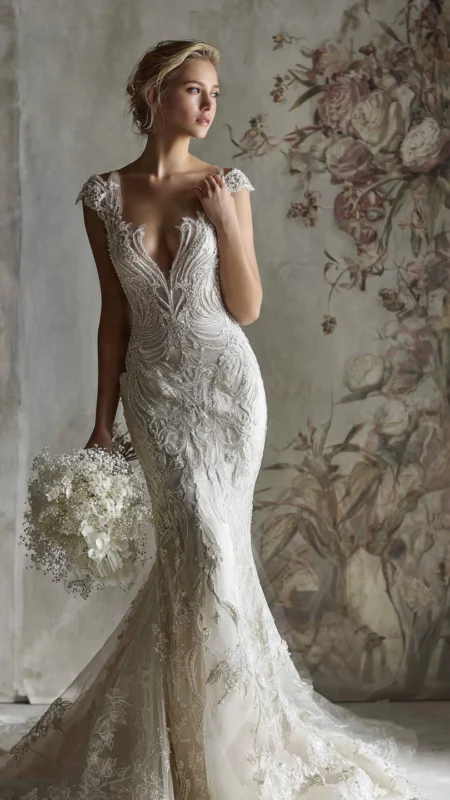 Elegant women wedding dress with lace detailing and flowing train in a romantic outdoor setting