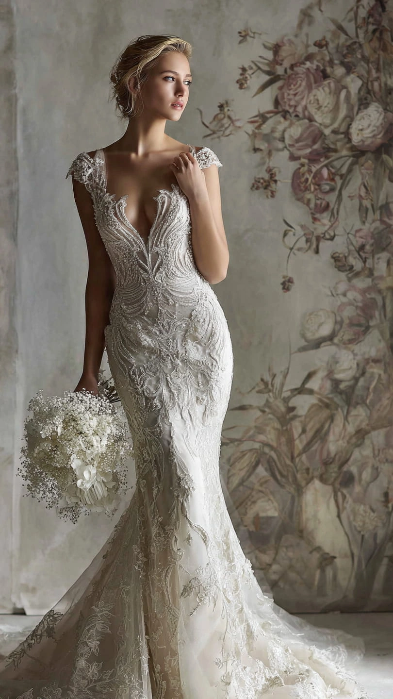 Elegant women wedding dress with lace detailing and flowing train in a romantic outdoor setting